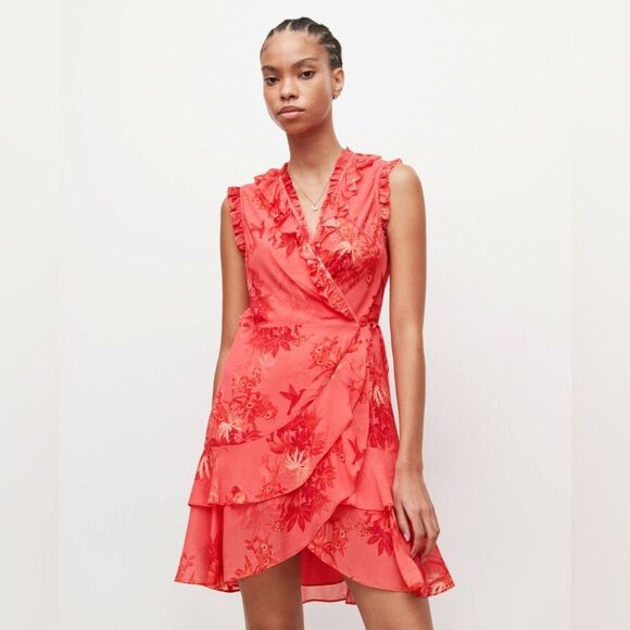 All Saints Ari Sleeveless Nila Mini Wrap Dress Orange and Pink Size 8 NWT - Picture 2 of 15